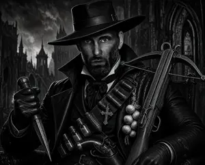 abraham van helsing, der coomer, gigachad, gigacoomer, 1nas, beard, black coat, black eyes, castle, closed mouth