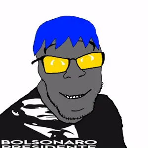 feraljak, wholesome feraljak, 1soyjak, black shirt, blue hair, brazil, front view, gaping mouth, glasses, gray skin