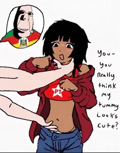 rapeson, cobson, hornyson, rapeson, you really think my tummy looks cute?, 1soyjak, almost full body, bald, black eyes, black hair