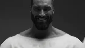 gigachad, asylum, beard, black eyes, black hair, buff, closed mouth, doors, gray eyes, gray hair