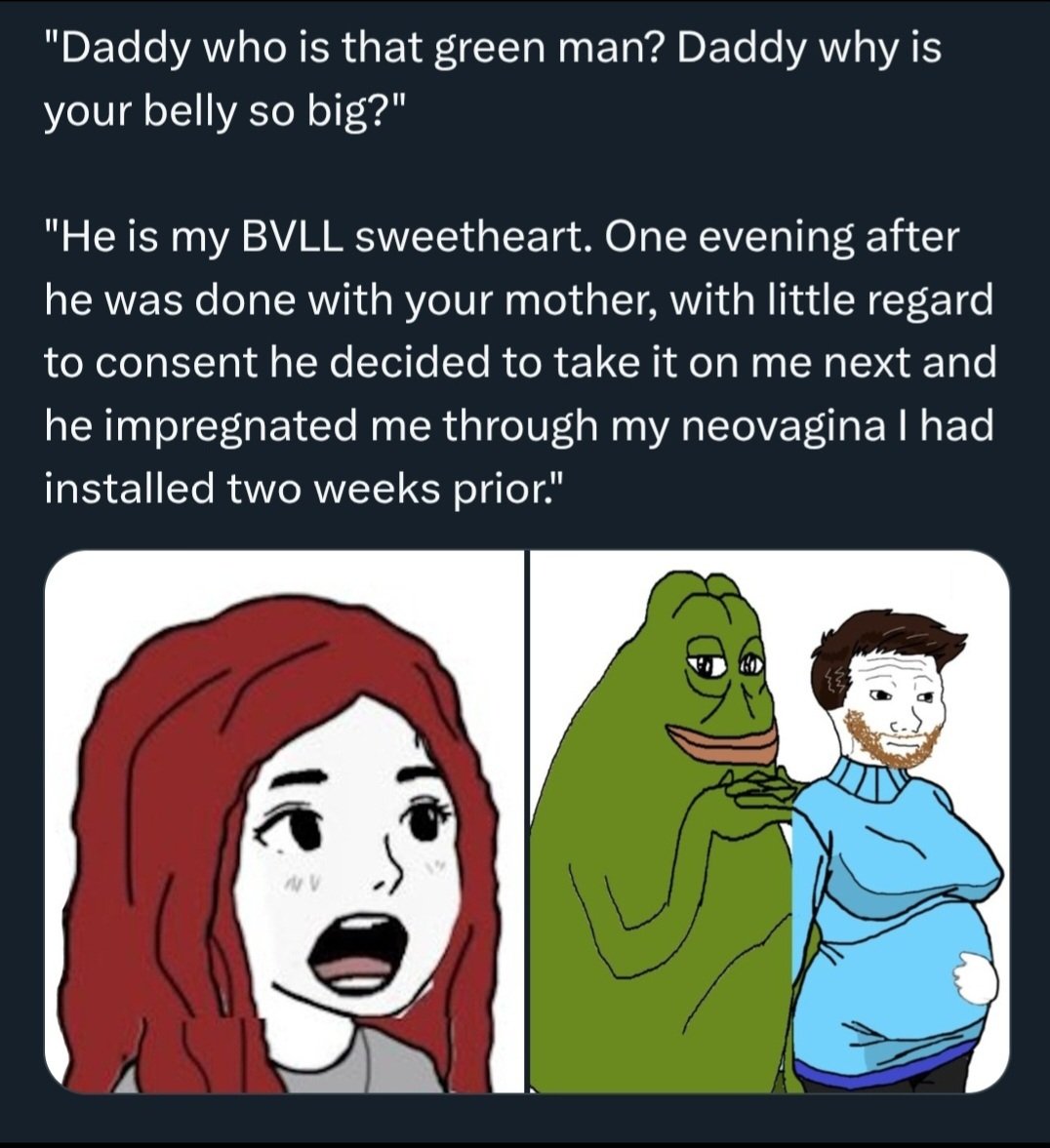 groyper, pepe, wojak, bald, beard, black eyes, brown hair, bull, closed mouth, english text