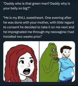 groyper, pepe, wojak, bald, beard, black eyes, brown hair, bull, closed mouth, english text