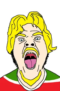 chmukjack, gemmy, a10 eyes, beard, blonde hair, blue eyes, eyebrows, front view, gape, hair