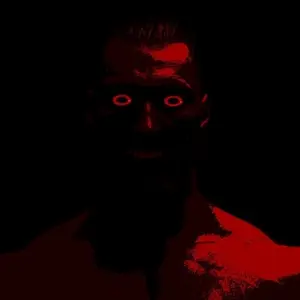 gigachad, black background, buff, creepy, looking at you, open eyes, red eyes, red skin, scary, shadow