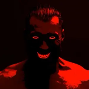gigachad, black background, buff, creepy, evil, grin, hair, looking at you, open eyes, red eyes