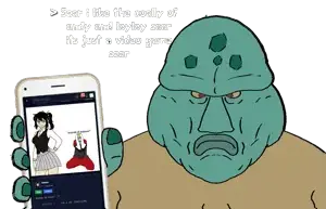 nate higgers, renee graves, squidward tentacles, natejak, showing phone, fat, green skin, holding object, holding phone, phone