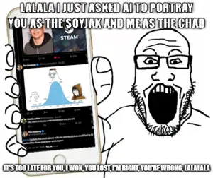 markiplier soyjak, showing phone, 1soyjak, bald, black eyes, front view, glasses, hands, holding object, holding phone