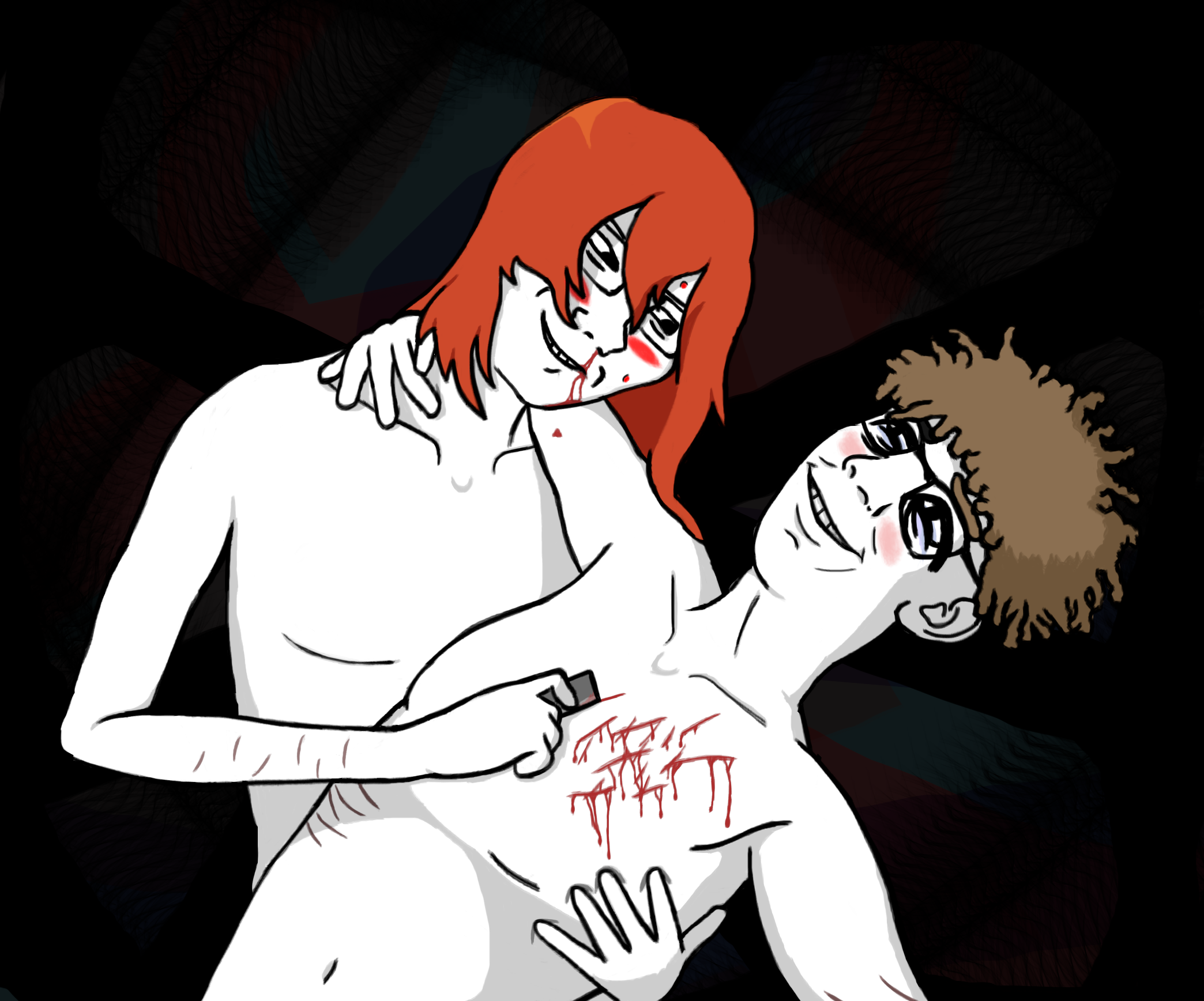 kuzjak, soyak, commiediddyugly person, 2soyjaks, arm, black background, blood, blud, blush, brown hair