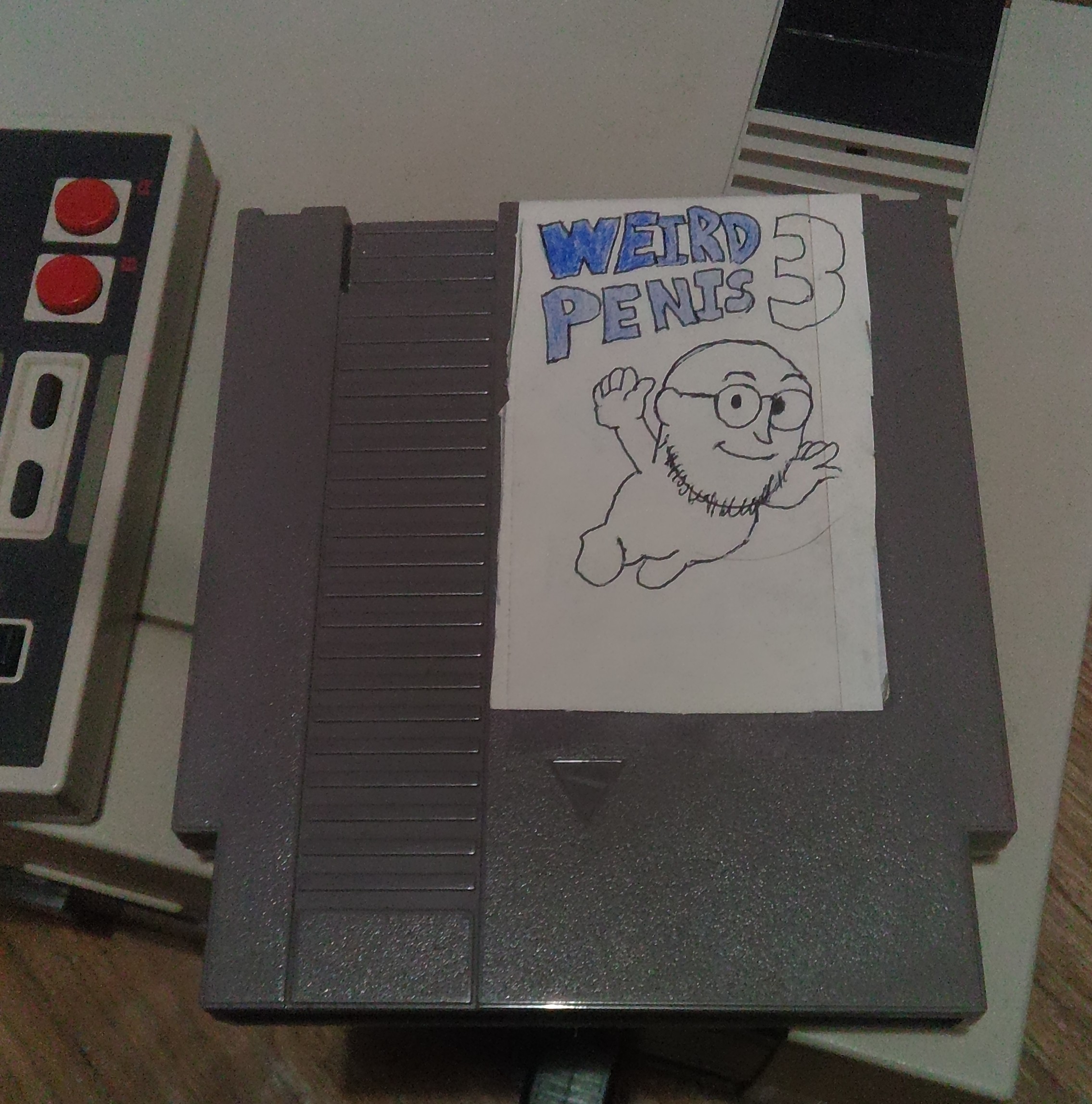 jeff, weirdpenis, 1soyjak, 3, bald, black eyes, blue text, cartridge, closed mouth, console