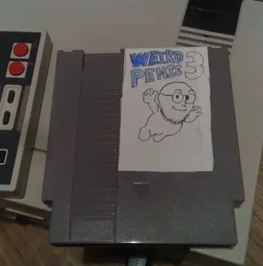 jeff, weirdpenis, 1soyjak, 3, bald, black eyes, blue text, cartridge, closed mouth, console