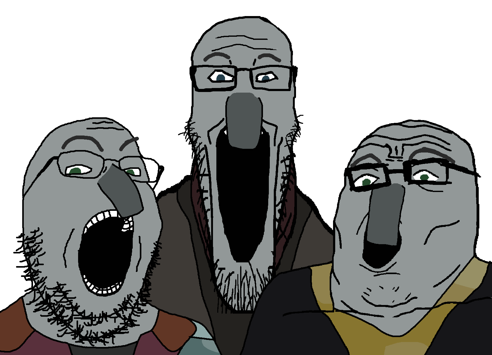 gapejak, markiplier soyjak, tony soprano soyjak, longplier, soyjak trio, 3soyjaks, blue eyes, bushy eyebrows, clothes, evoker (minecraft)