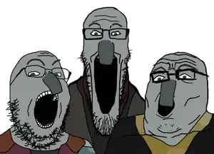gapejak, markiplier soyjak, tony soprano soyjak, longplier, soyjak trio, 3soyjaks, blue eyes, bushy eyebrows, clothes, evoker (minecraft)