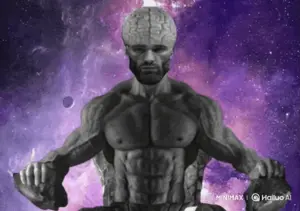 gigachad, 1nas, banana, beard, big brain, brain, buff, closed mouth, cosmic, food