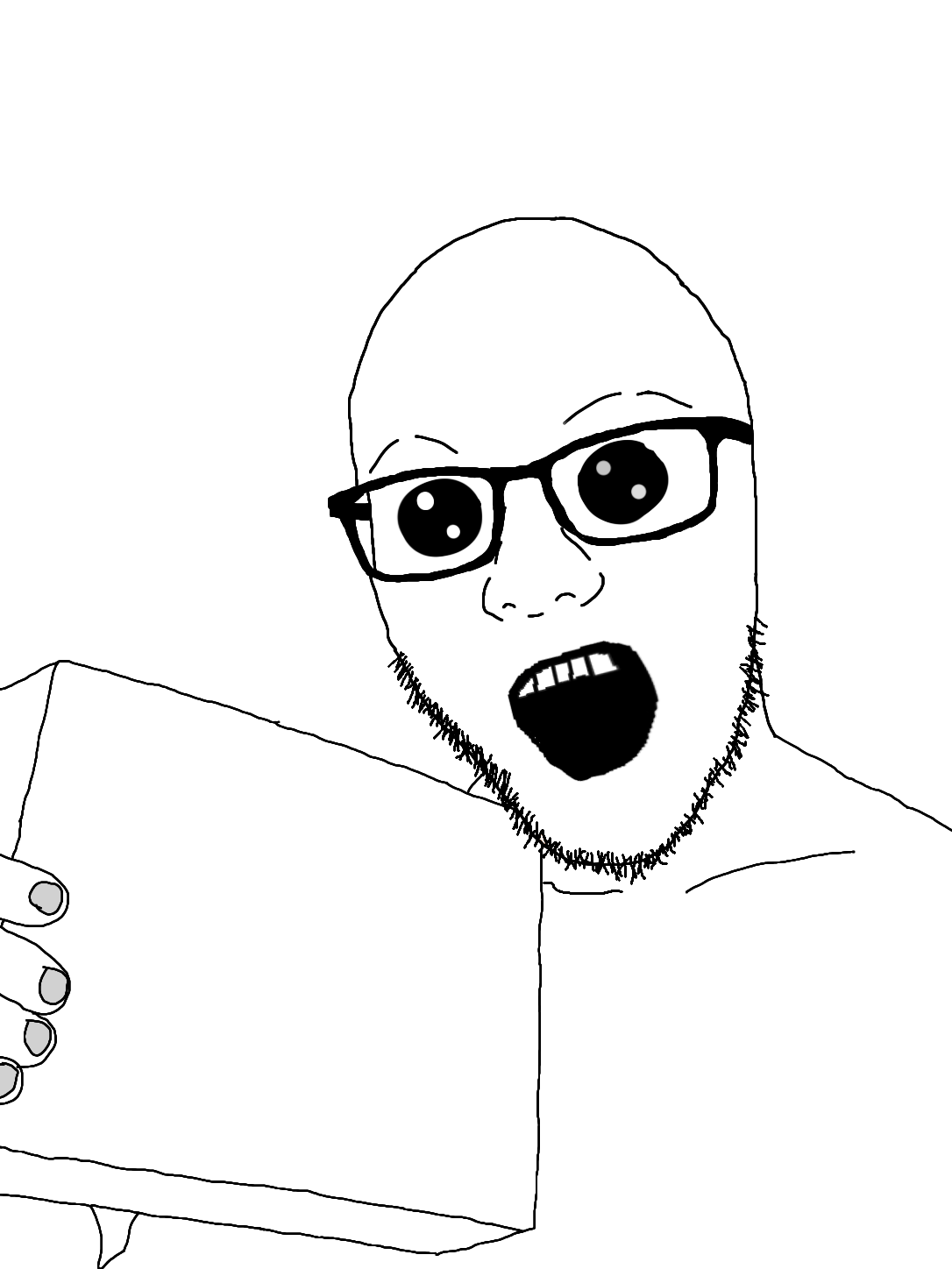 boxson, oh my god she is so attractive, bald, black eyes, box, finger, glasses, hand, hands, holding box