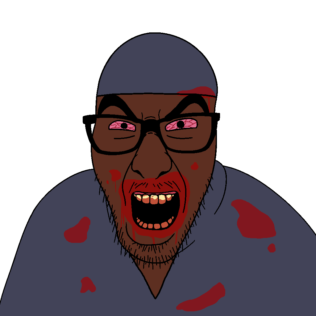 slitherjak, blood, blood from mouth, blood on face, bloodshot eyes, brown skin, clothes, glasses, looking at you, open mouth