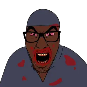 slitherjak, blood, blood from mouth, blood on face, bloodshot eyes, brown skin, clothes, glasses, looking at you, open mouth