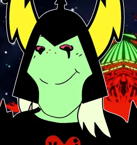 lord dominator (wander over yonder), gapejak, female gapejak, femjak, 1soyjak, closed mouth, clothes, drawn background, female, green lights