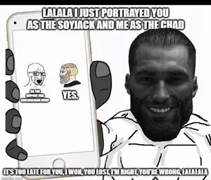 gigachad, yes chad, soyak, soyak (crying), showing phone, 1soyjak, beard, black eyes, blonde hair, blue eyes