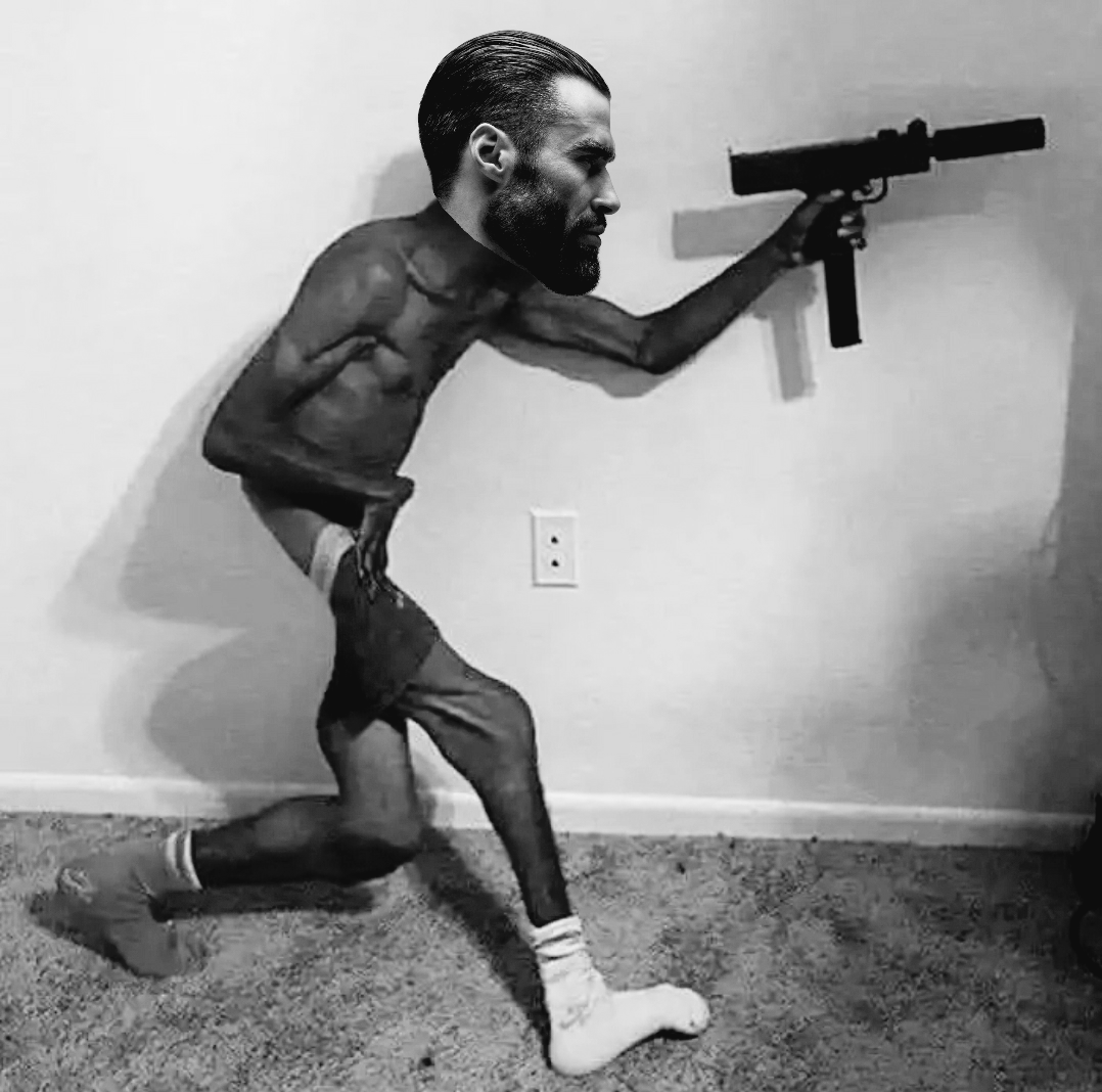 gigachad, gigachaded, beard, black and white, full body, gray background, gray skin, grayscale, gun, hair