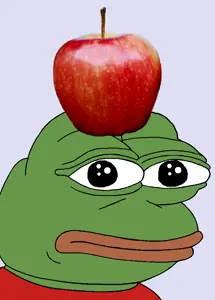 pepe, 1nas, amphibian, animal, apple, bald, black eyes, blue background, closed mouth, food
