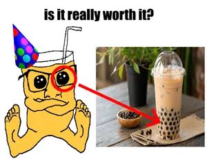 feraljak, condiment, arrow, bald, birthday hat, black eyes, black text, boba tea, clothes, crossed arms