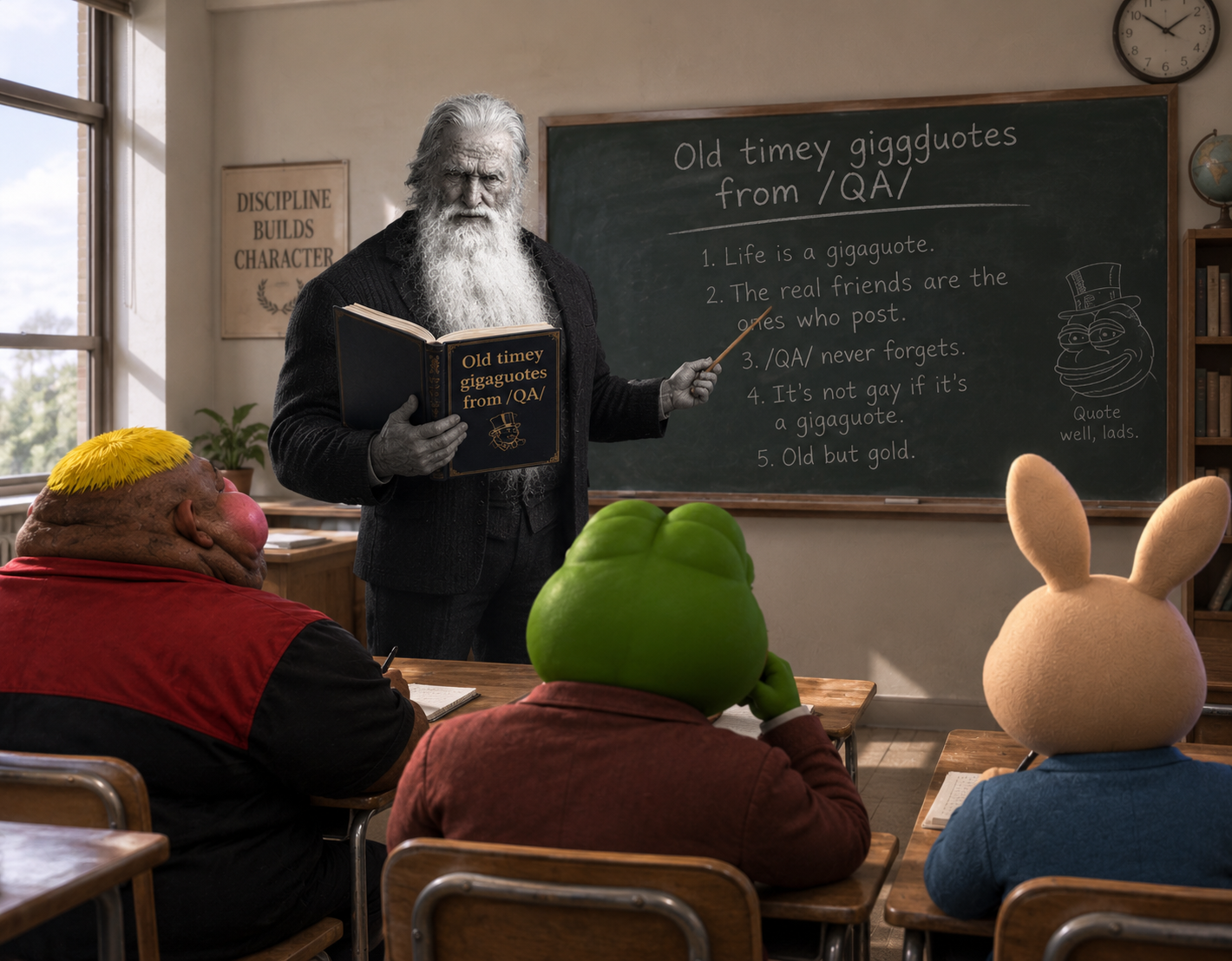 buster baxter, old gigachad, pepe, pepelaugh, alicia, fat alicia, hunky twink sex machine, hunky twink sex machine, ai generated background, amphibian