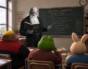 buster baxter, old gigachad, pepe, pepelaugh, alicia, fat alicia, hunky twink sex machine, hunky twink sex machine, ai generated background, amphibian