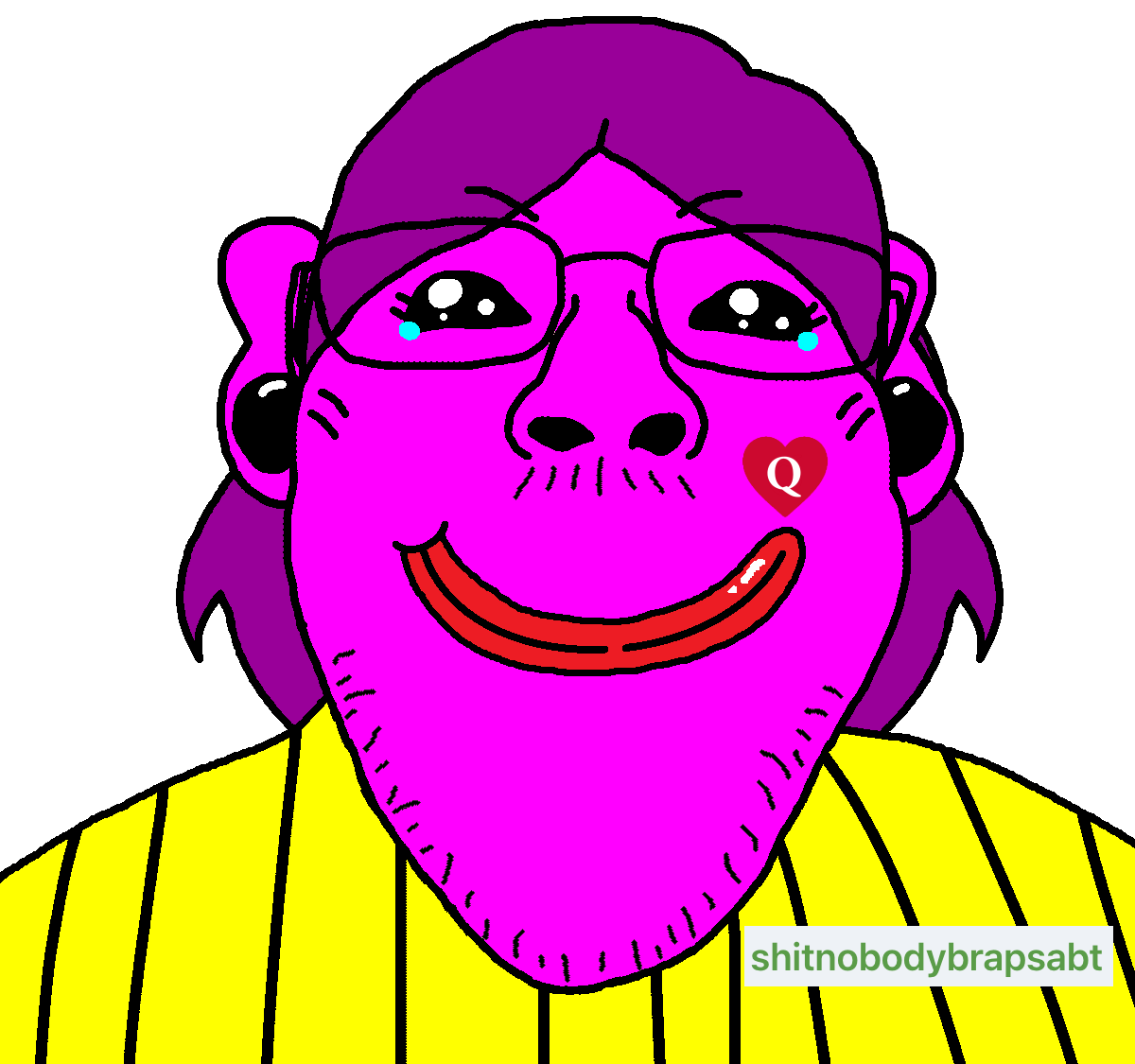 bernd, bridget, femjak, beard, big lips, black and yellow shirt, black eyes, crying, facing forward, female