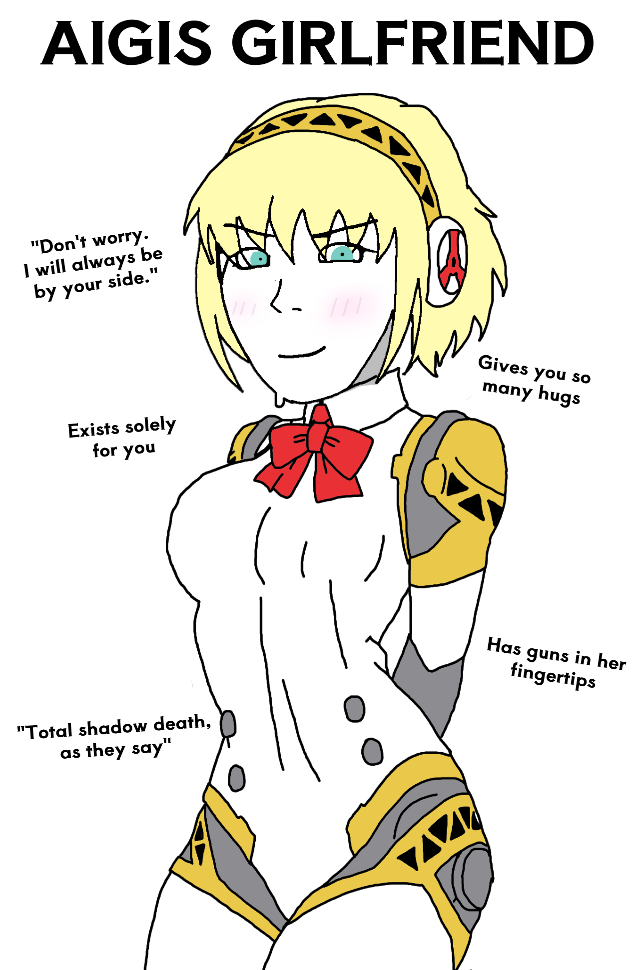aigis (persona), soyak, soygirl, soygirlfriend, femjak, 1soyjak, almost full body, anime, anime girl, big breasts