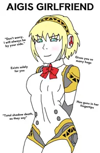 aigis (persona), soyak, soygirl, soygirlfriend, femjak, 1soyjak, almost full body, anime, anime girl, big breasts