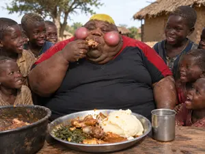 hunky eating Infront of African kids
