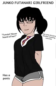 soyak, soygirl, soygirlfriend, femjak, 1soyjak, almost full body, big breasts, black eyes, black hair, breasts