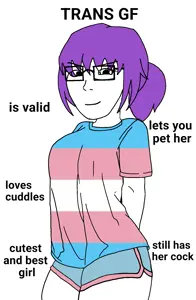 soyak, soygirl, soygirlfriend, femjak, 1soyjak, black eyes, breasts, closed mouth, english text, female