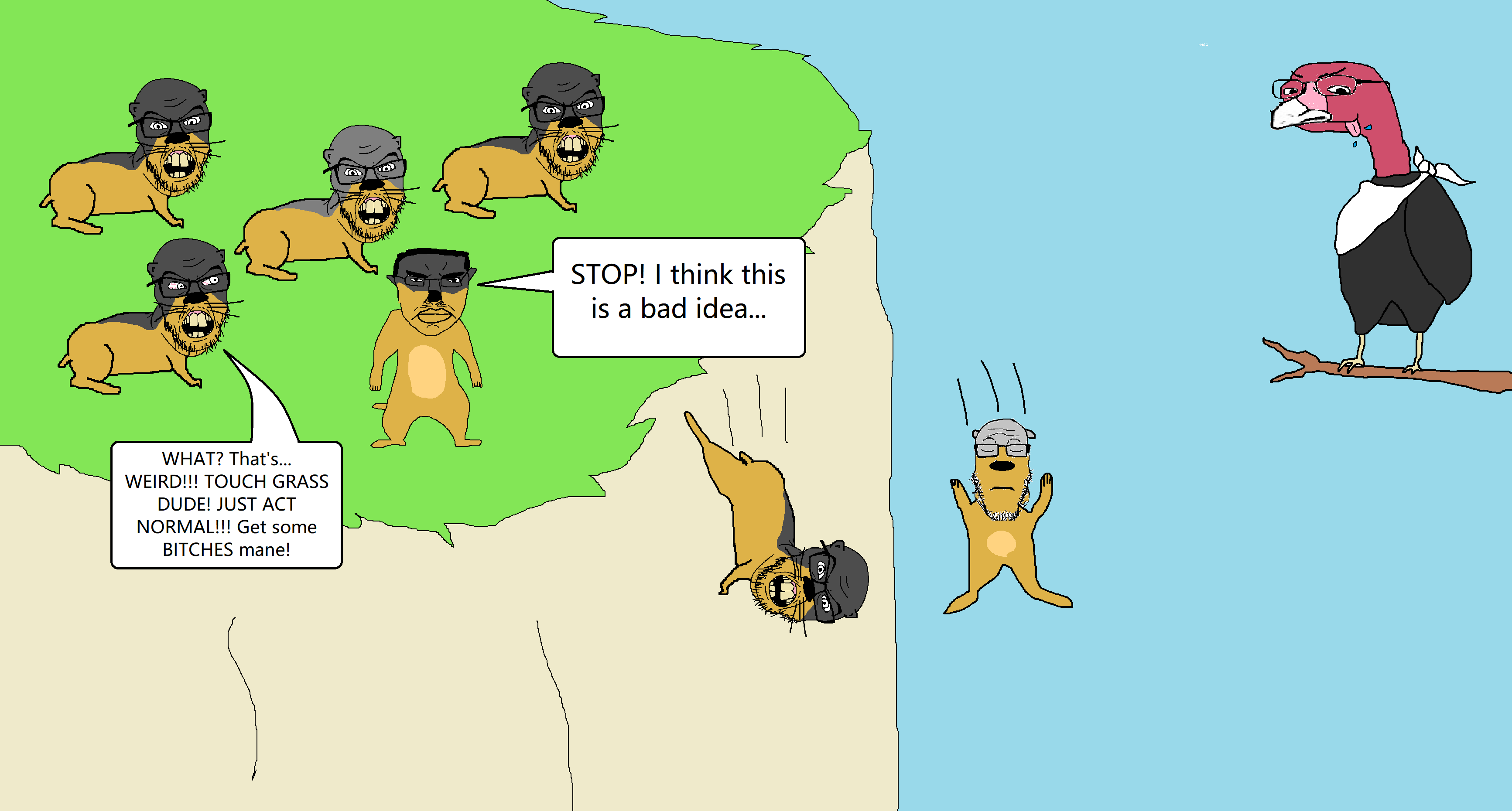 chudjak, feraljak, gapejak, markiplier soyjak, chudjak front, animal, bald, beak, bird, bloodshot eyes