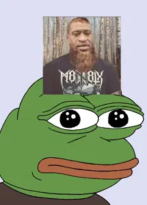 george floyd, pepe, amphibian, animal, bald, beard, big nose, black eyes, black shirt, blue background