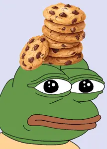 pepe, amphibian, animal, bald, black eyes, blue background, chocolate chip cookie, closed mouth, cookie, cookies