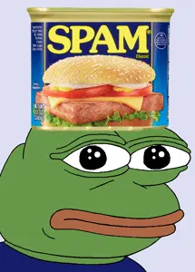 pepe, bald, black eyes, blue background, blue shirt, can, canned food, closed mouth, green skin, looking at you