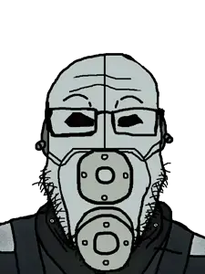 markiplier soyjak, 1soyjak, armor, black eyes, cap, civil protection officer, clothes, combine (half-life), front view, gas mask