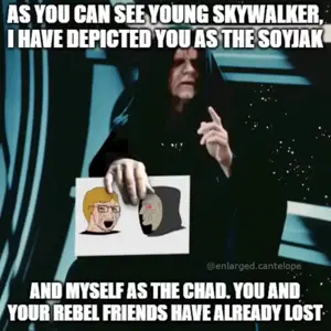 george lucas, darth sidious, emperor palpatine, luke skywalker, yes chad, soyak, soyak (crying), 1soyjak, bald, black eyes