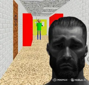 baldi, gigachad, 'o, beard, black eyes, black hair, buff, front view, full body, gray skin