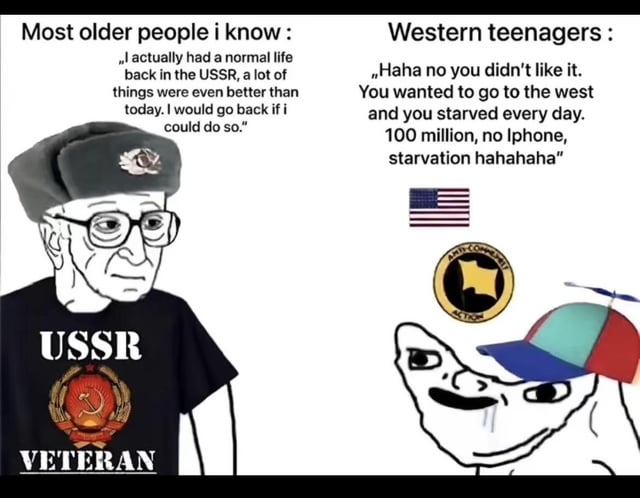 wojak, anti communist action, bald, black eyes, black text, brainlet, cap, clothes, communism, drool