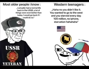 wojak, anti communist action, bald, black eyes, black text, brainlet, cap, clothes, communism, drool