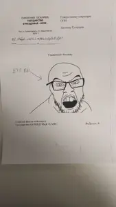 feraljak, angry, cyrillic text, glasses, mustache, open mouth, paper, real life, russia, soyjak