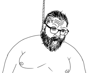 unknown, beard, ear, fat, glasses, hair, hanging, open mouth, rope, soyjak