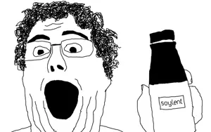 unknown, bottle, drink, glasses, hair, hands, holding bottle, holding object, holding soylent, open mouth