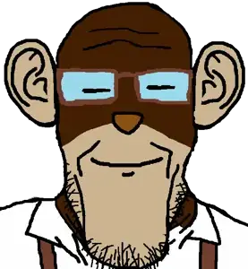 markiplier soyjak, bobo the sharty janny, closed eyes, closed mouth, ear, glasses, janny, monkey, smile, soyjak