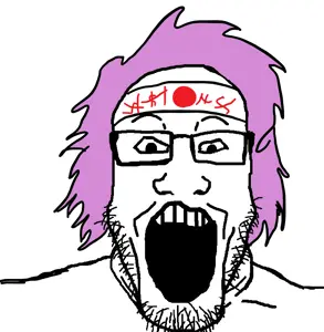 markiplier soyjak, glasses, hachimaki, hair, headband, japan, open mouth, purple hair, soyjak, stubble
