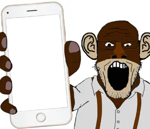 markiplier soyjak, phoneplier vertical, showing phone, bobo the sharty janny, ear, glasses, holding object, holding phone, iphone, janny