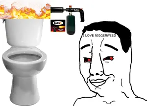 chudjak, closed mouth, flamethrower, hair, nigger weed, red eyes, smile, text, toilet, torch