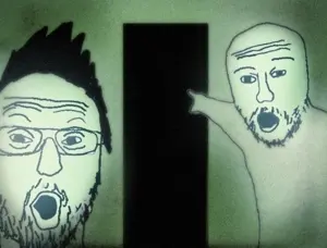 two pointing soyjaks, 2soyjaks, aaron goodwin, arm, ghost adventures, glasses, hair, hands, horror, open mouth